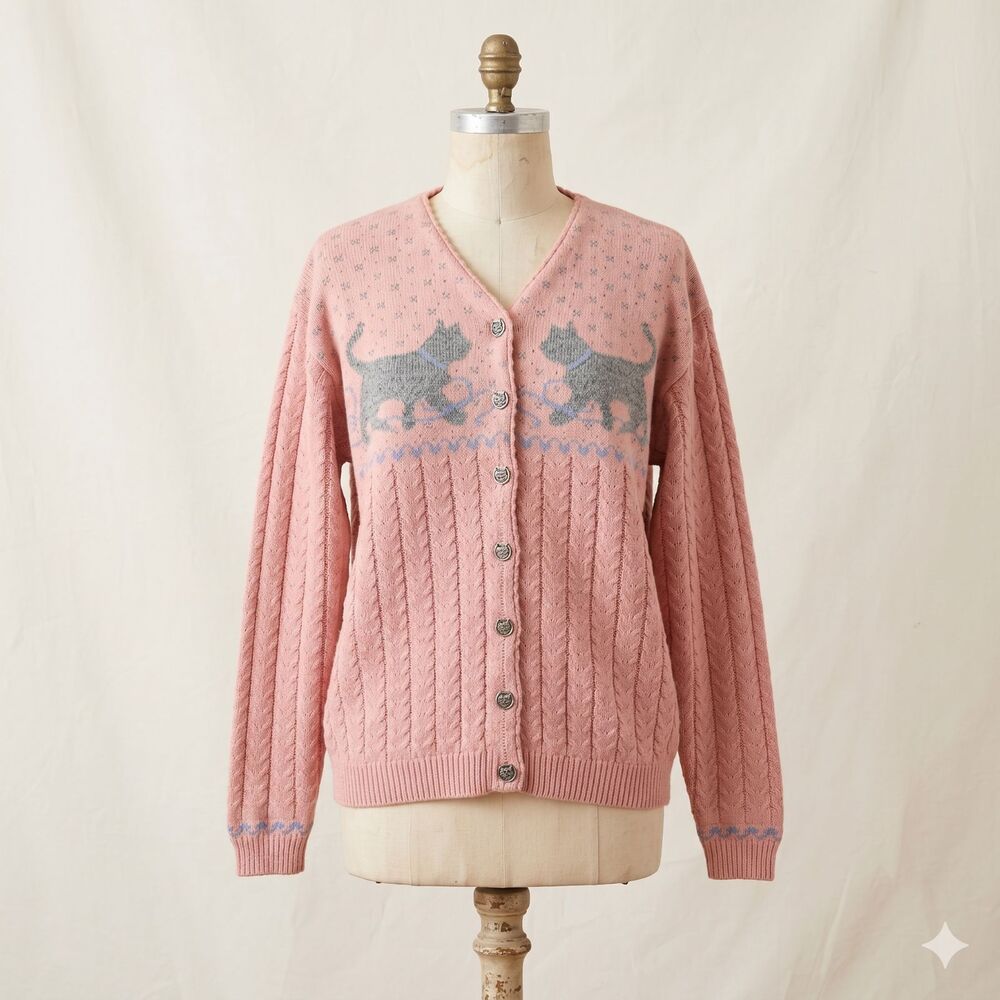 VTG Knit Cat Cardigan Sweater XL Pink Cableknit Cottagecore Grandma Kitsch